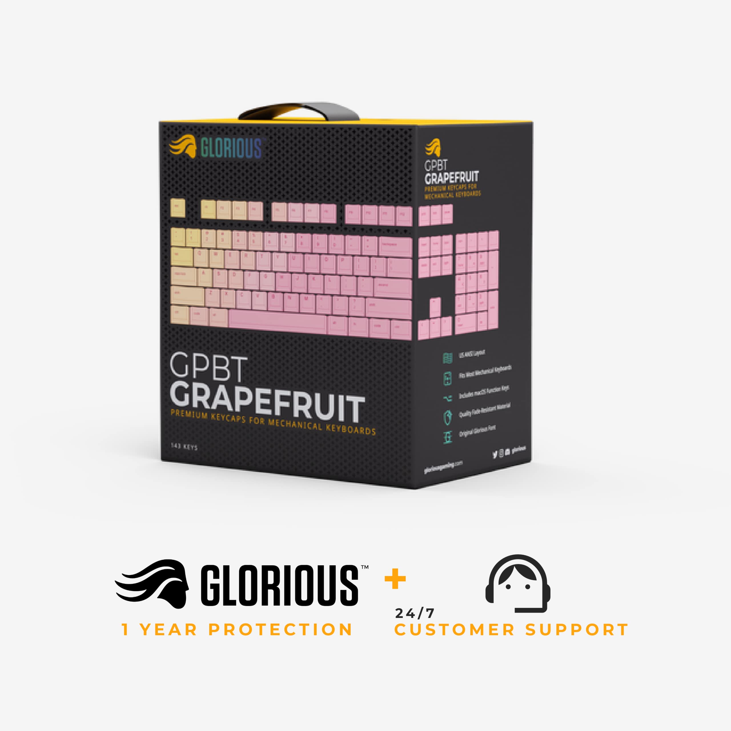 Glorious Grapefruit PBT Keycaps Set (Pink & Yellow) 143 Cute Custom Keycaps, Cherry MX Profile, Pastel, Low-Profile Dye-Sub for Mechanical Gaming Keyboards (60%, TKL, Full Size) Incl Mac Keys (191)