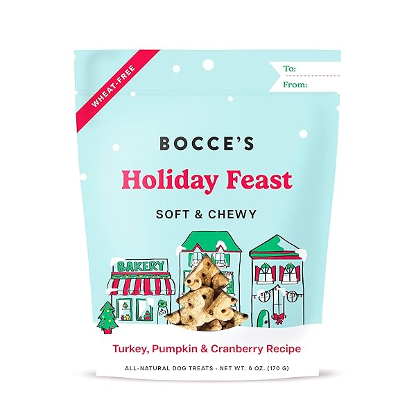 BOCCE’S BAKERY HOLIDAY FEAST RECIPE TREATS FOR DOGS, WHEAT-FREE EVERYDAY DOG TREATS, MADE WITH REAL INGREDIENTS, BAKED IN THE USA, ALL-NATURAL SOFT & CHEWY COOKIES, TURKEY, PUMPKIN & CRANBERRY, 6 OZ
