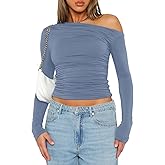 TiuZal Womens Casual Long Sleeve Off The Shoulder Crop Top Slim Fit Boat Neck Going Out T Shirts Y2K