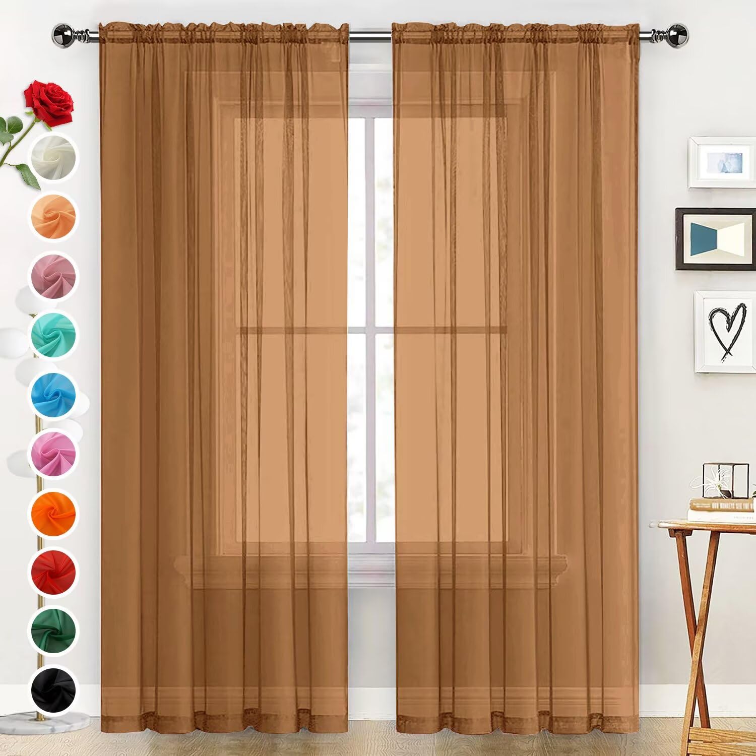 Photo 1 of SpaceDresser Basic Rod Pocket Sheer Voile Window Curtain Panels Light Brown 1 Pair 2 Panels 52 Width 54 Inch Long for Kitchen Bedroom Children Living Room Yard?Light Brown, 52W x 54L?