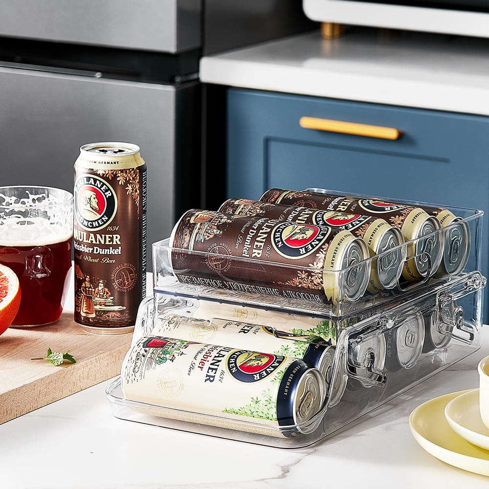 ROWNYEON Rolling Can Dispenser Fridge Organisers 2 Teir Foldable Can Holder Drink Dispenser for Fridge Can Storage Beer Soda Can Organiser for Refrigerator Kitchen Cupboard Pantry Countertop