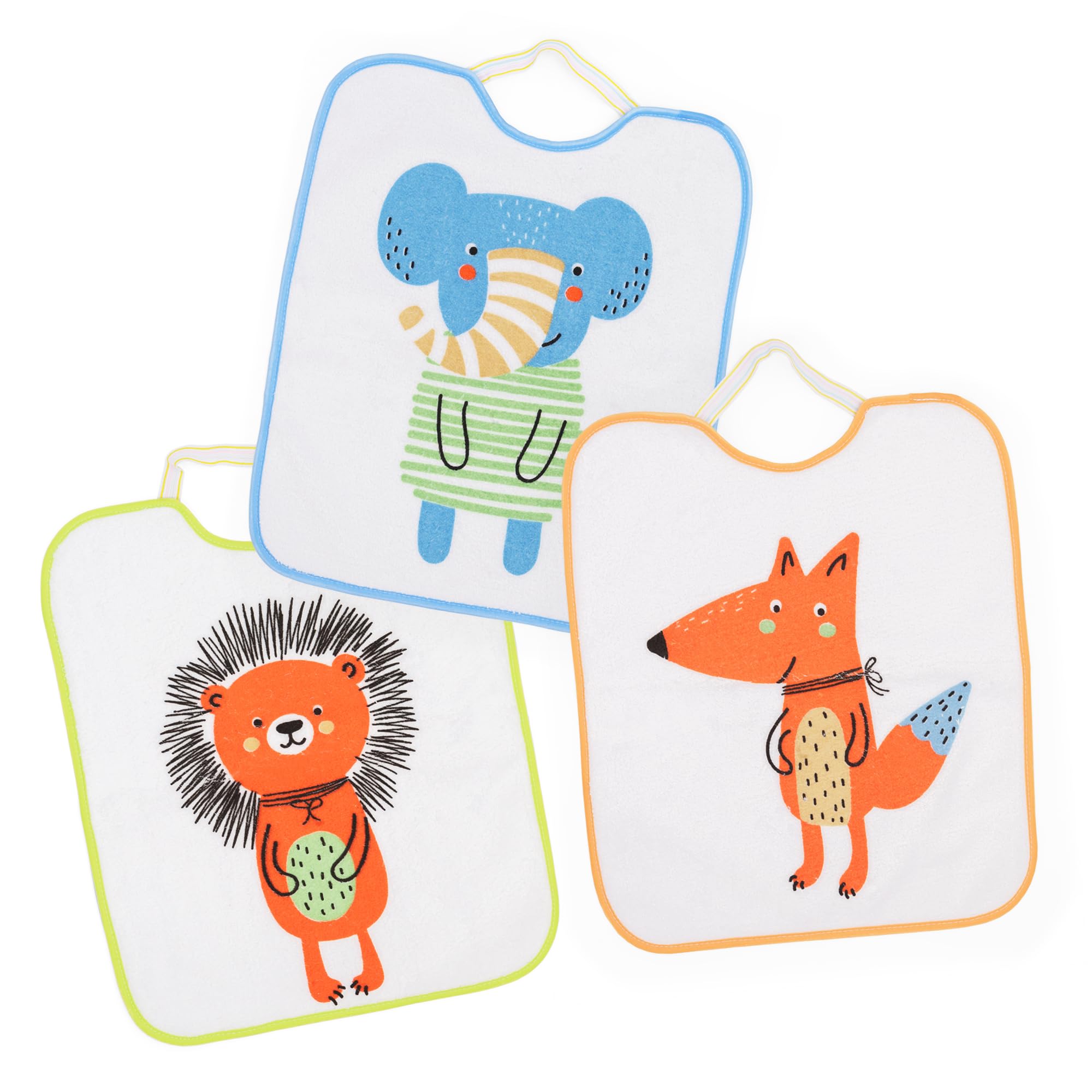 Ti TIN - Set of 3 - Waterproof Terry Baby Bibs, 32x36cm | bib for Babies and Toddlers from 1 Year with Elastic Fastener (Rubber Band), Microfiber, Breathable, Easy to Clean, Different Prints