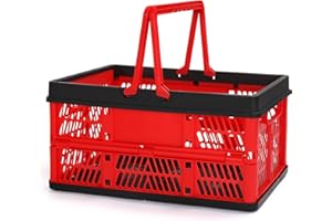 CARPERIPHER Plastic Storage Crate, Collapsible Crate for Storage Stacking Folding Storage Basket, Collapsible Shopping Basket,Car Storage Basket, Milk Crate with Handles for Kitchen, Bathroom, 20L (Red)