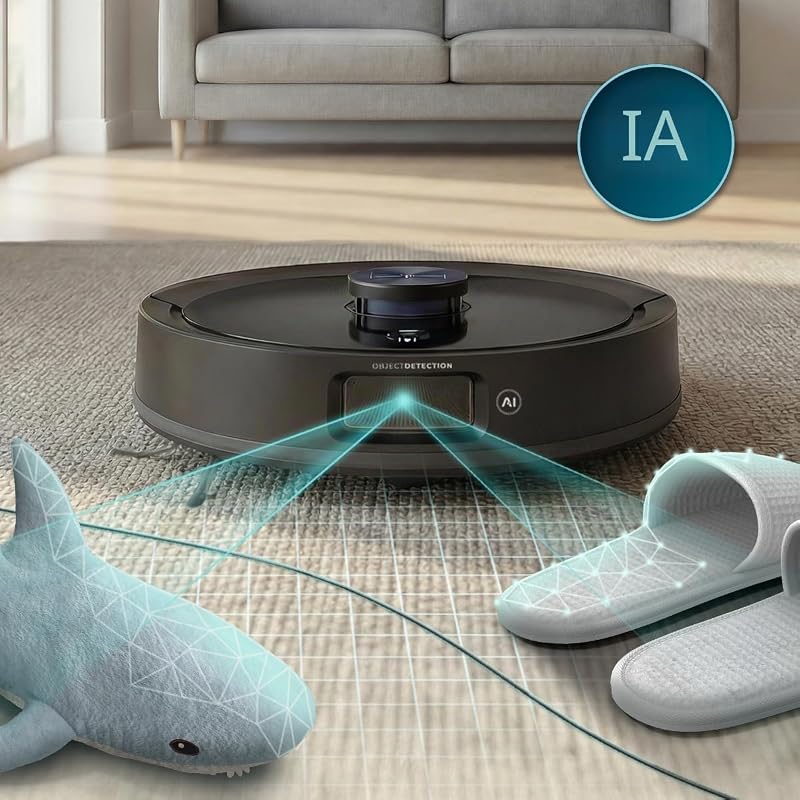 Robot Aspirateur et Laveur de Sol avec IA Conga M90 Dark. Aspiration Moteur 25 000 Pa, Autonomie 240 Min, Brosse en Silicone, pour Animaux de Compagnie, Bluetooth et WiFi, Contrôle par App