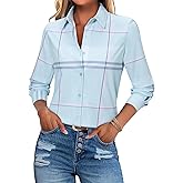 Women's Button Down Shirts Plaid Long Sleeve Dress Shirt Collared Fitted Blouses Wrinkle Free Casual Office Work Tops