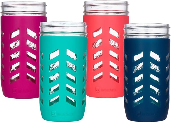 JarJackets Silicone Mason Jar Protector Sleeve - Fits 24oz (1.5 pint) Wide-Mouth Jars | Package of 4 (Multicolor)