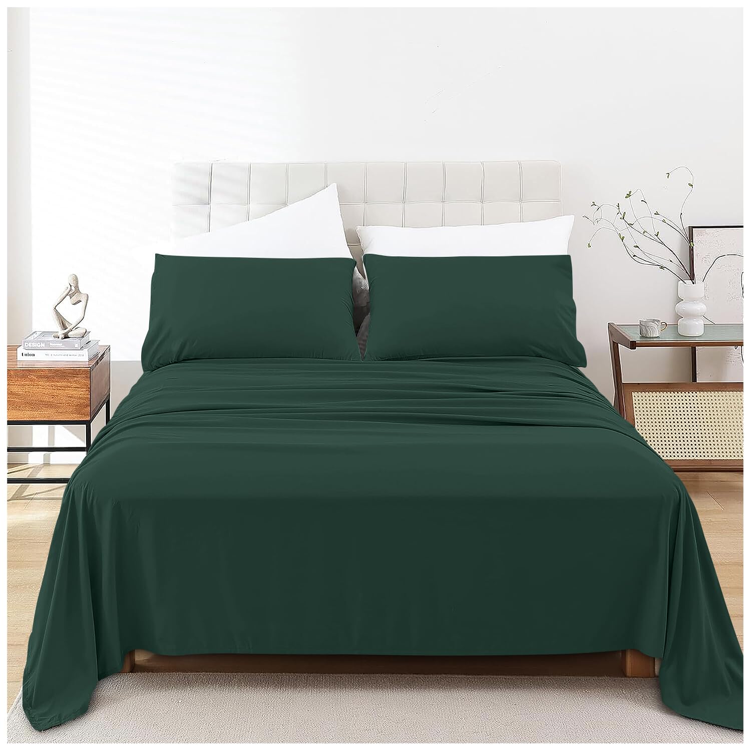 Luxury Super King Flat Sheet, Non Iron Hotel Quality Flat Bed Sheet, Ultra Soft Flat Sheet Super King Size, Dark Green