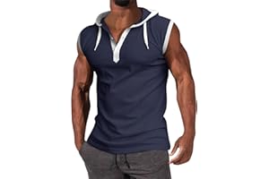 WENKOMG1 Mens Henley Tank Tops Solid Sleeveless Workout Hoodie Shirt Summer V Neck Button Down Active Hooded Gym Tees