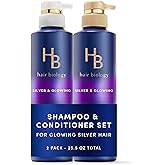Hair Biology Biotin-Infused Purple Shampoo and Conditioner Set for Grey Hair, Anti-Brassiness, Moisturizing, Color-Safe, Silver & Glowing, Corrects Yellow Tones, 12.8 Fl Oz Each, 2 Pack