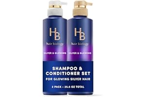 Hair Biology Biotin-Infused Purple Shampoo and Conditioner Set for Grey Hair, Anti-Brassiness, Moisturizing, Color-Safe, Silver & Glowing, Corrects Yellow Tones, 12.8 Fl Oz Each, 2 Pack