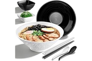 Kyraton Ramen Bowl Set 1200ml with Chopsticks Dipping Bowls and Spoons: 2 Large Unbreakable Japanese Style Plastic Noodle Sou