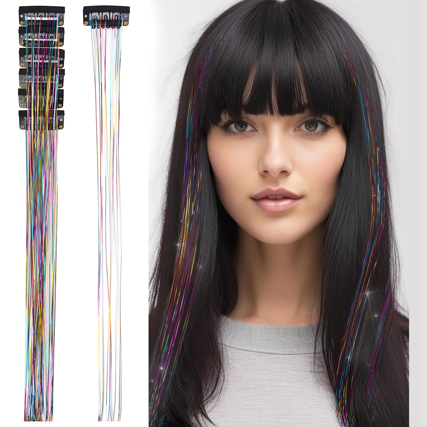 6 Pcs Clip in Hair Tinsel Kit 20.5 Inches Heat Resistant Glitter Tinsel Hair Extensions Fairy for Women Hair Styling Party Gift (Mix Color) — image 1