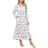 Rubehoow Women's Nightgown Victorian Nightwear Long Sleeve Vintage Pajama Dress Soft Cotton Loungewear with Pockets