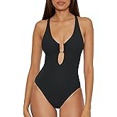 Becca Womens Modern Edge One Piece Swimsuit, Plunge Neck, Adjustable, Tie Back, Bathing Suits for Women