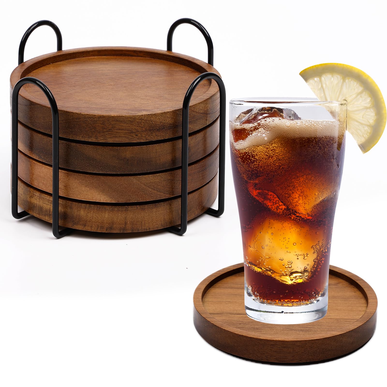 Photo 1 of 4 Pcs Wood Coasters for Drinks Absorbent, Wooden Coasters with Holder, Drink Coasters for Coffee Table, Absorbent Coaster Set for Table Protection Drink Coasters for Farmhouse, Office, Bar