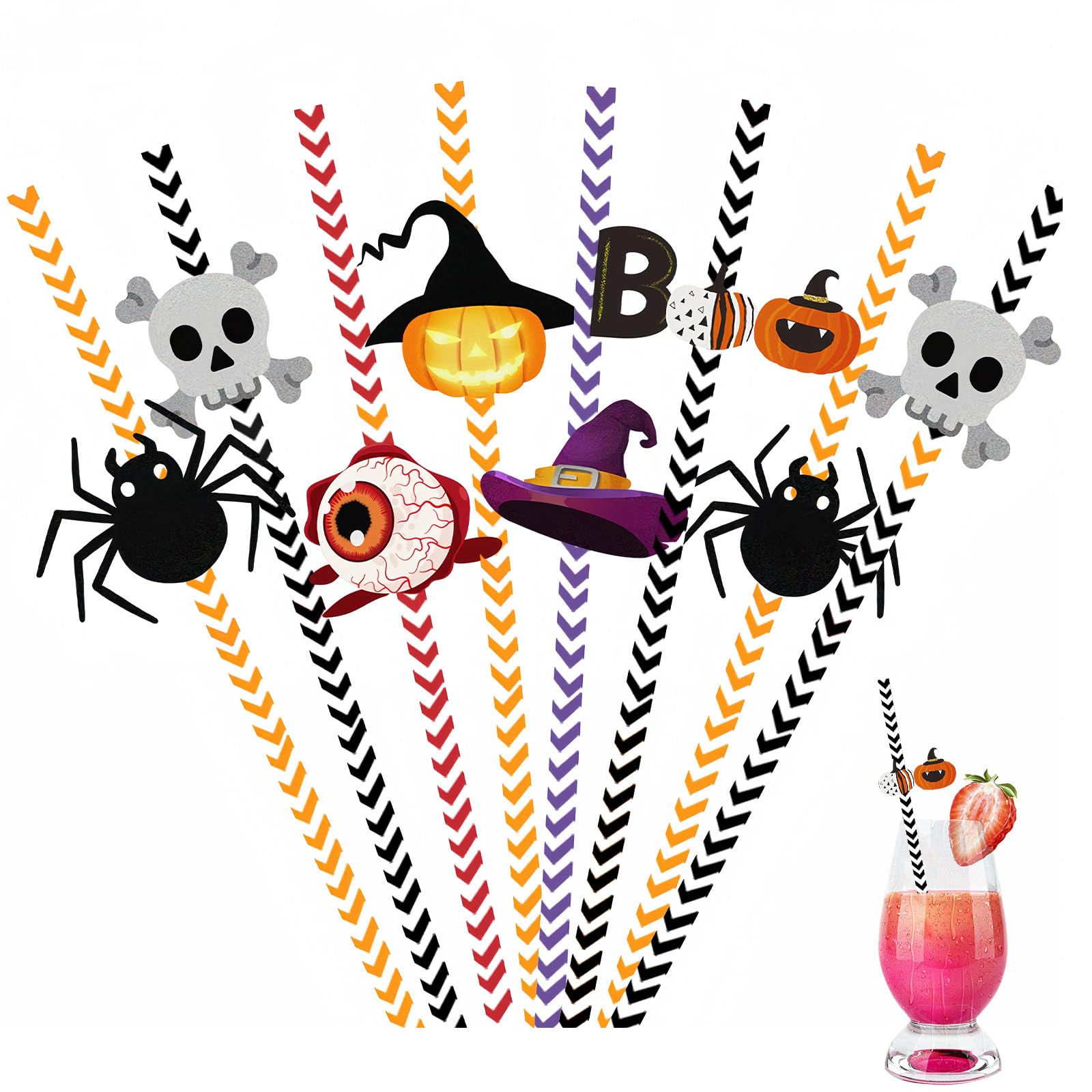 Halloween Party Paper Straws - 24pcs Spider, Ghost, Pumpkin, Skull Pattern Drinking Straws for Restaurant, Home, Bar - Cocktail Accessories for Juice, Coffee, Cold Drinks