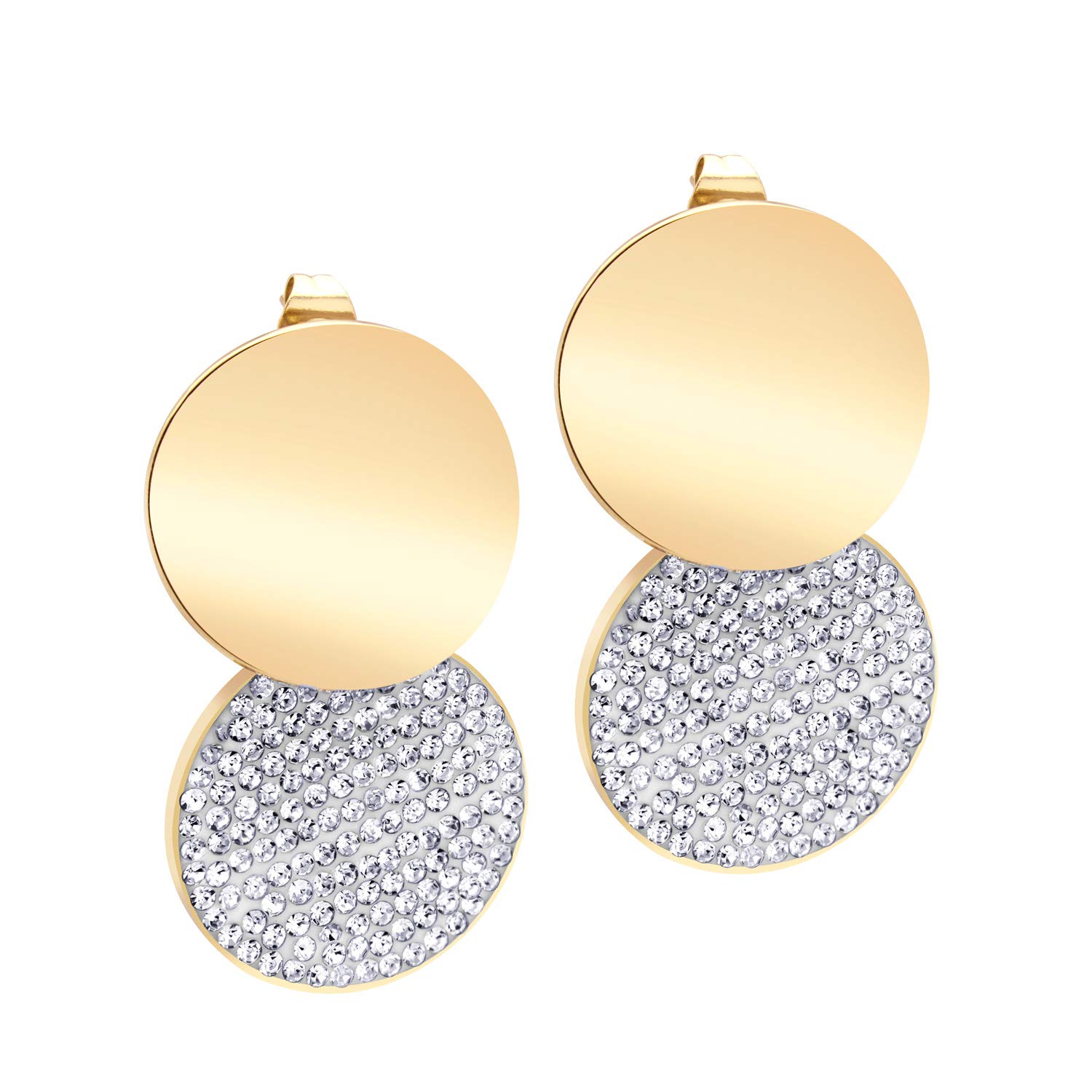 555Jewelry Stainless Steel Round Curved Disc Dangle Earrings, Drop CZ Rhinestones Crystal Earrings for Women, Round Statement Earrings for Women, Gold