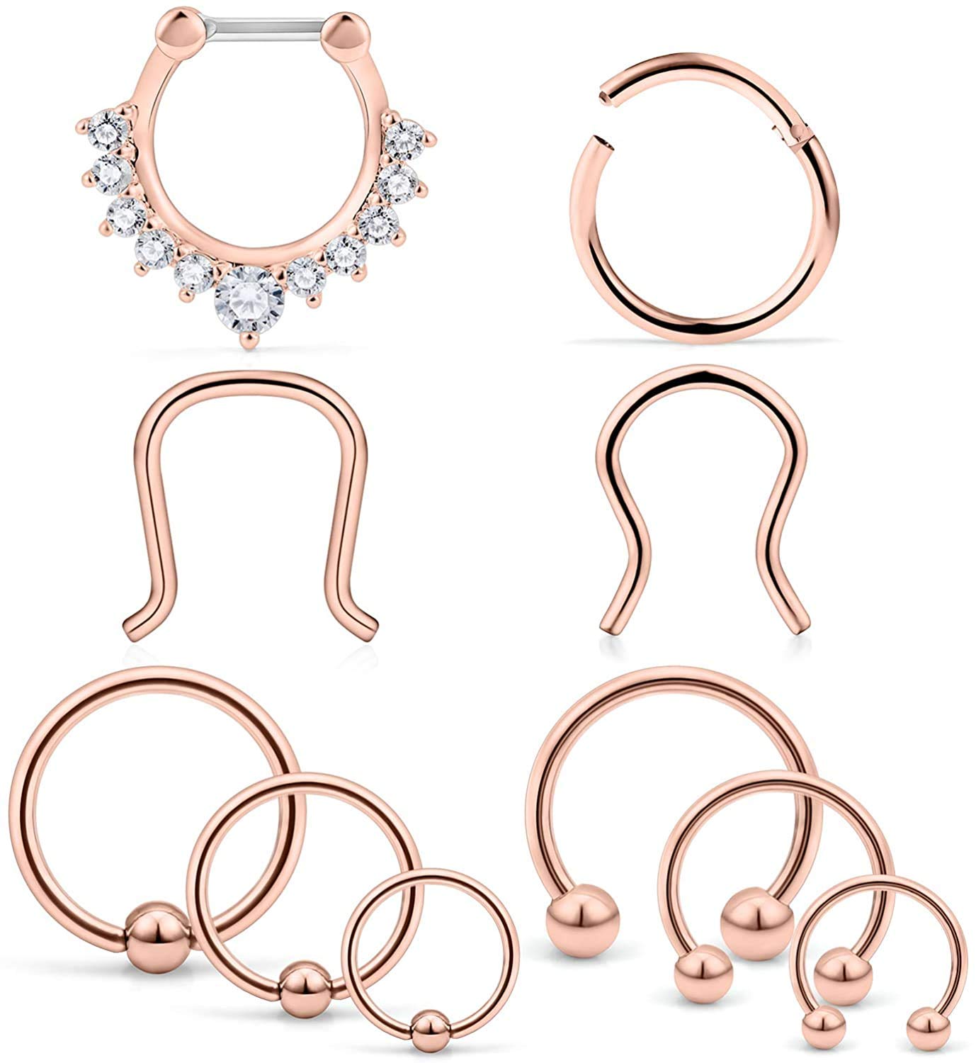 WillTen Septum Rings 16G Stainless Steel Hinged Clicker Septum Hoop Nose Ring Diamond Horseshoe Piercing Helix Cartilage Earrings Women Men Helix Hoop Piercing Rose gold