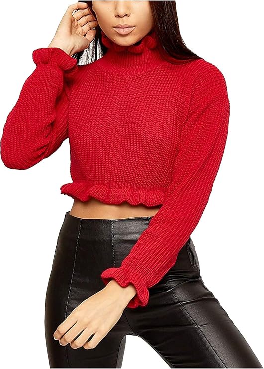 DigitalSpot Ladies Turtle Neck Ruffle Frill Hem Knitted Crop Jumper Womens Fancy Crop Top Red 