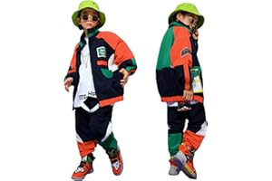 LOLANTA Unisex Kids 80s Tracksuit Hip Hop Dance Outfit Boys Girls Oversized Color Block Jacket Pants 2 Piece Clothing Set