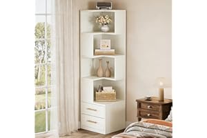LITTLE TREE 5-Tier Corner Bookshelf with 2 Drawers, 66.9-Inch Tall Corner Shelf Stand, Modern Corner Cabinet Display Rack She