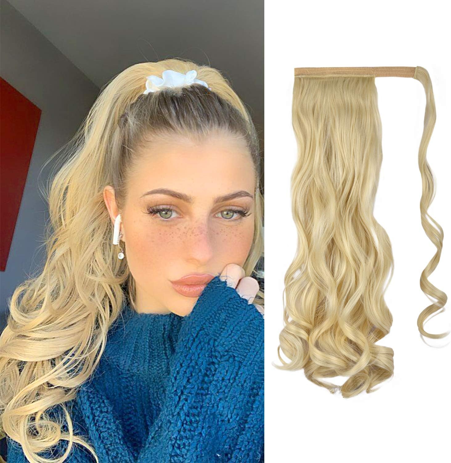 FEHSFEN Curly Wrap Around Ponytail Hair Extensions 21” Long Wavy Clip in Synthetic Hair Pony tail Hairpieces for Women Girls