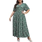 Keluummi Plus Size Wedding Guest Maxi Dresses for Curvy Women, Summer Floral 3/4 Sleeve Long Party Dresses with Pockets