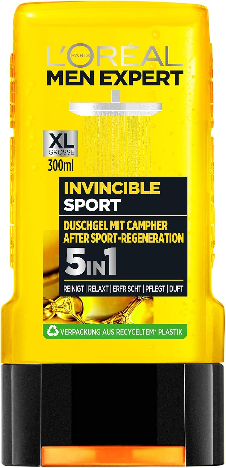 L'Oréal Paris Men Expert 5-in-1 Shower Gel for Men for Cleansing Body Hair and Face, Invincible Sport Camphor, 1 x 300 ml