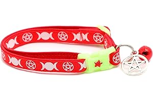 PUGS TO PERSIANS Wicca Cat Collar with Occult Charm & Bell | Witch’s Familiar Cat Collar | Witch Kitten Collar Charms | Glow in The Dark | Safety Breakaway Collar (Large(10lbs & Up), Red)