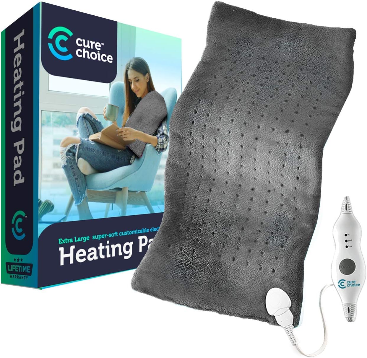 Cure Choice Large Electric Heating Pad for Back Pain Relief + Storage Pouch, Ultra Soft 12"x24" Heating pad for Muscle Cramps - Heated Pad with Adjustable Temperature Settings (Gray): Health & Personal Care