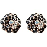 Navachi 18k Gold Plated Black Enamel White Crystal Flower Omega Back Az2544 Earrings