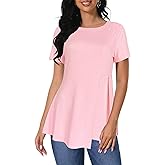 Afibi Women's Short Sleeve Tops for Women Crewneck Casual Pleated Tunic Tops Loose Fit Shirts Blouses