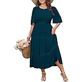SCOMCHIC Women's Plus Size Maxi Dress Casual Crewneck Smocked Boho Elegant Hollow Out Summer Wedding Guest Dresses