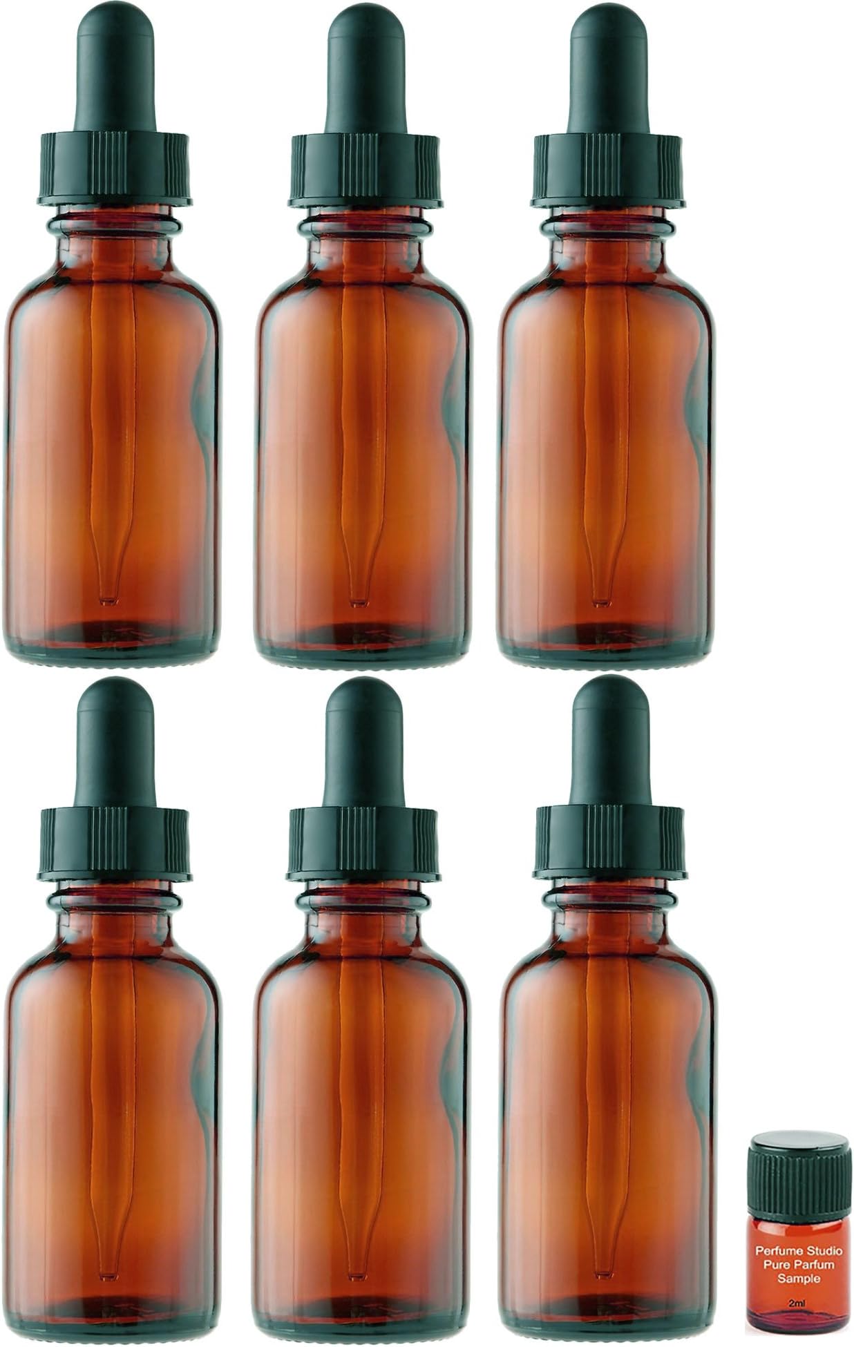 Perfume Studio 6 Piece Set; 2oz Amber Glass Dropper Bottles with a Bonus 2ml Perfume Studio Fragrance Sample (Dropper Bottles)