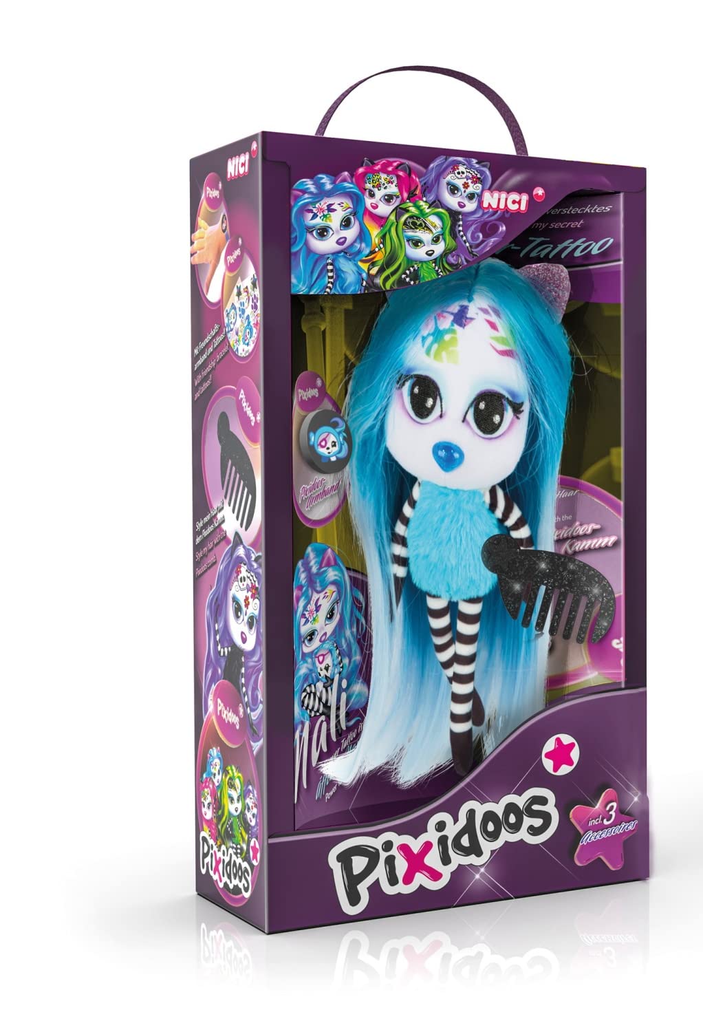 NICI Pixidoos Nali the Doll toy 20 cm, Giftbox incl. tattoo set for kids, hair comb & friendship bracelet – Styling dolls with colourful hair – Cuddly toys to cuddle, play, style & collect
