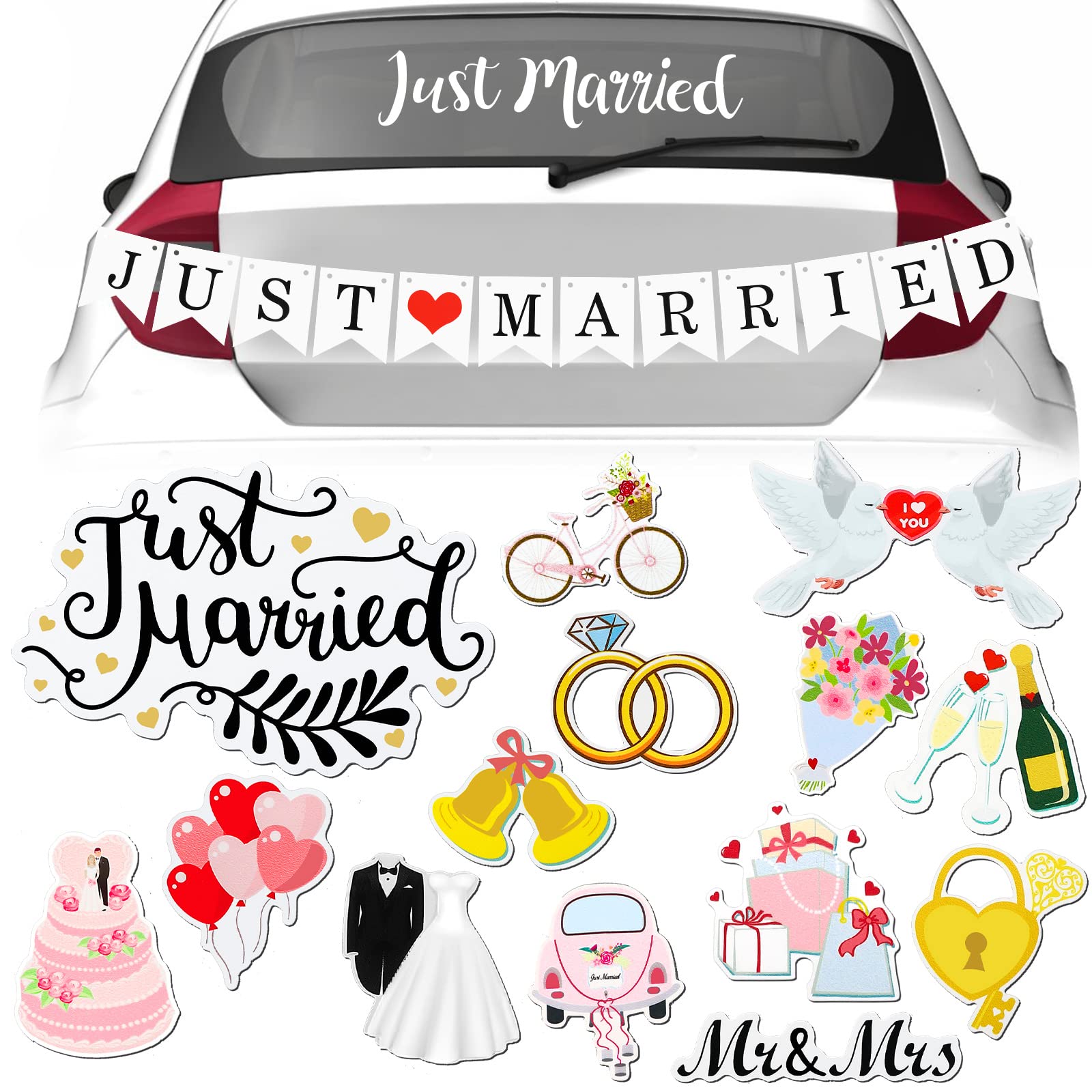 Photo 1 of 16 Pcs Just Married Car Decorations Include 14 Assorted Ornate Car Magnets Just Married Window Decal and Cardstock Sign Banner Wedding Decorations for Bridal Shower Honeymoon Photo Props