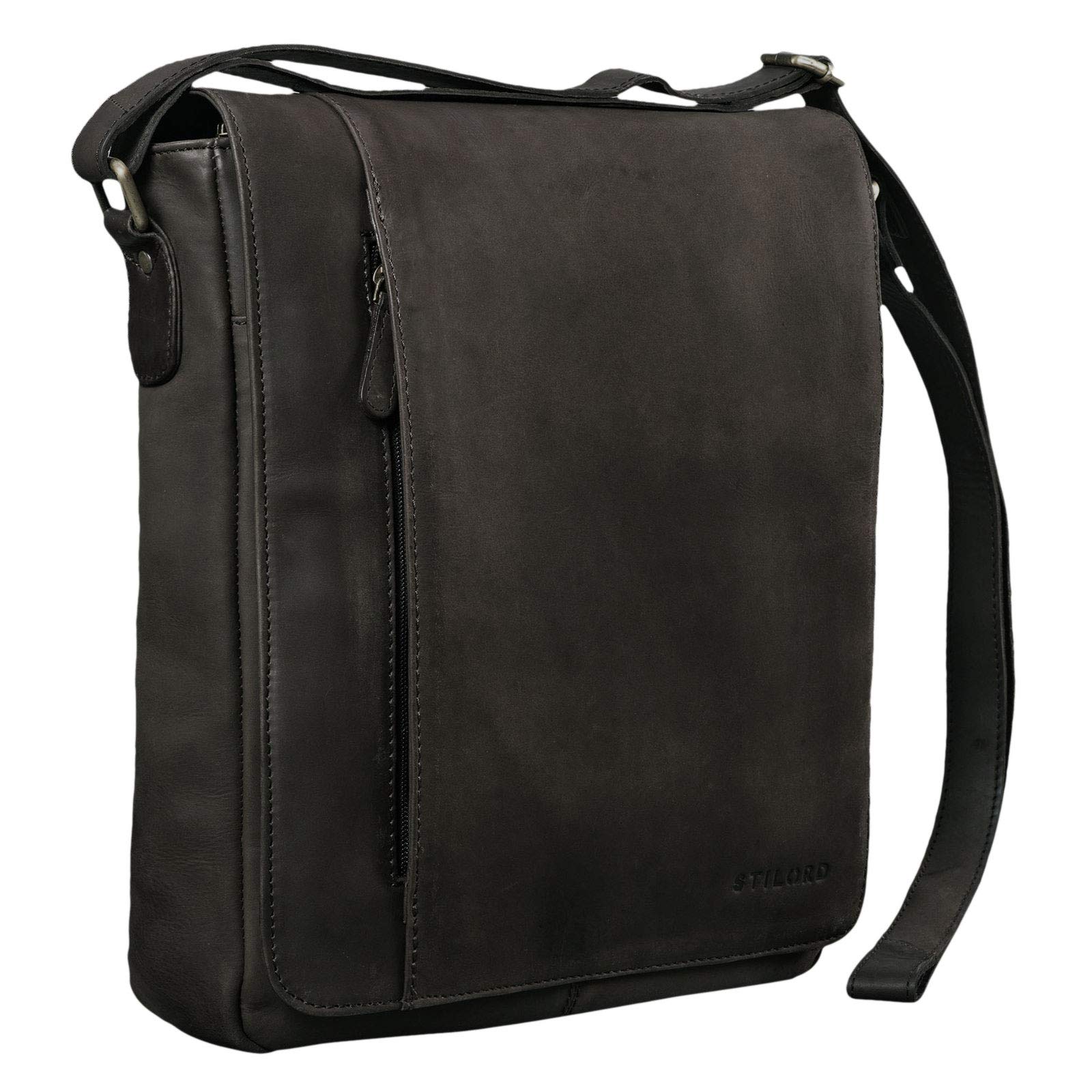 STILORD "Paul" Leather Shoulder Bag Men Vintage Messenger Bag for 13,3 inches MacBook Tablet Vertical Crossbody Bag for A4 Documents in Genuine Leather Colour:Flat Dark Brown