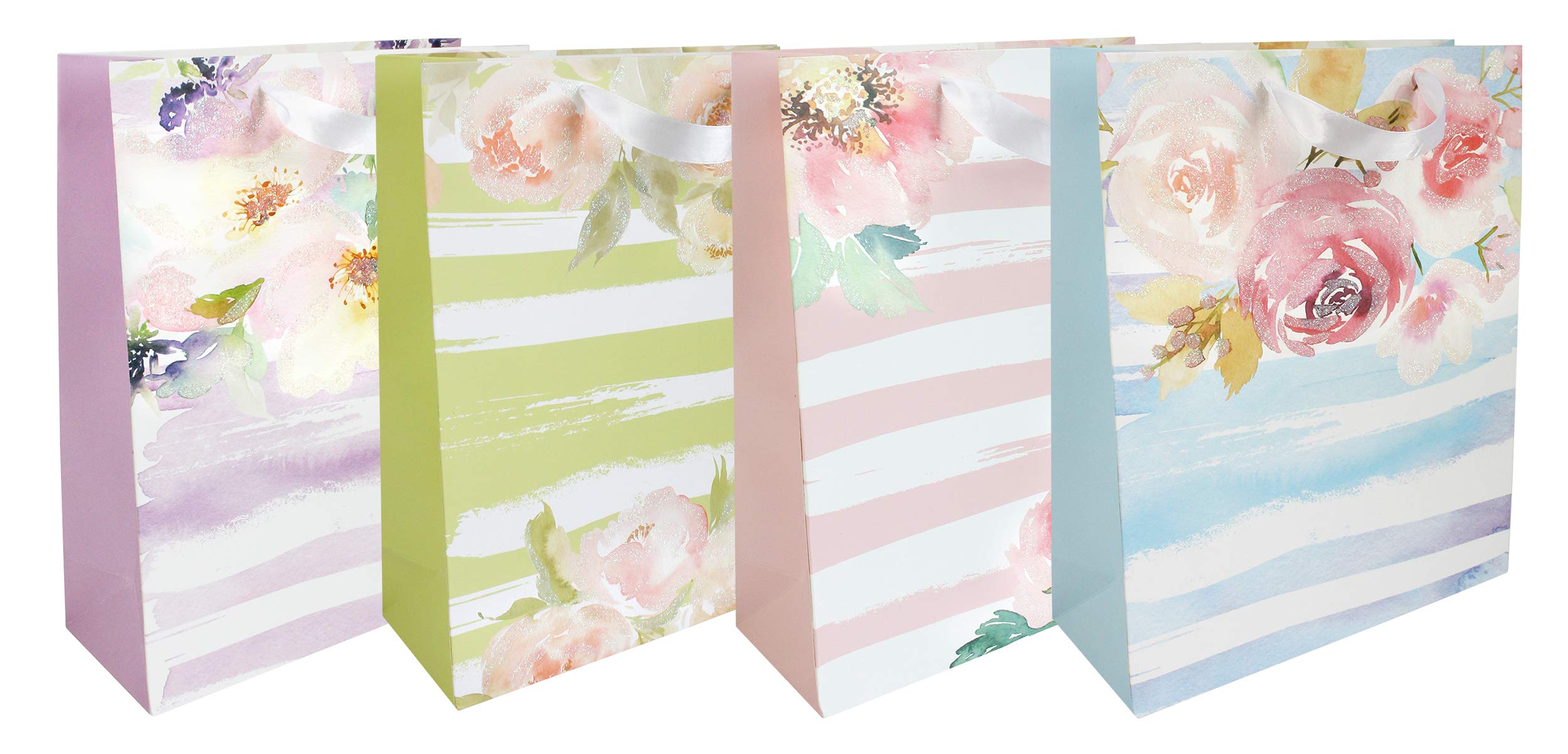 Emartbuy Luxury Gift Bag Strong Laminated Paper Mixed Colours (Set of 4 - Floral Stripes)