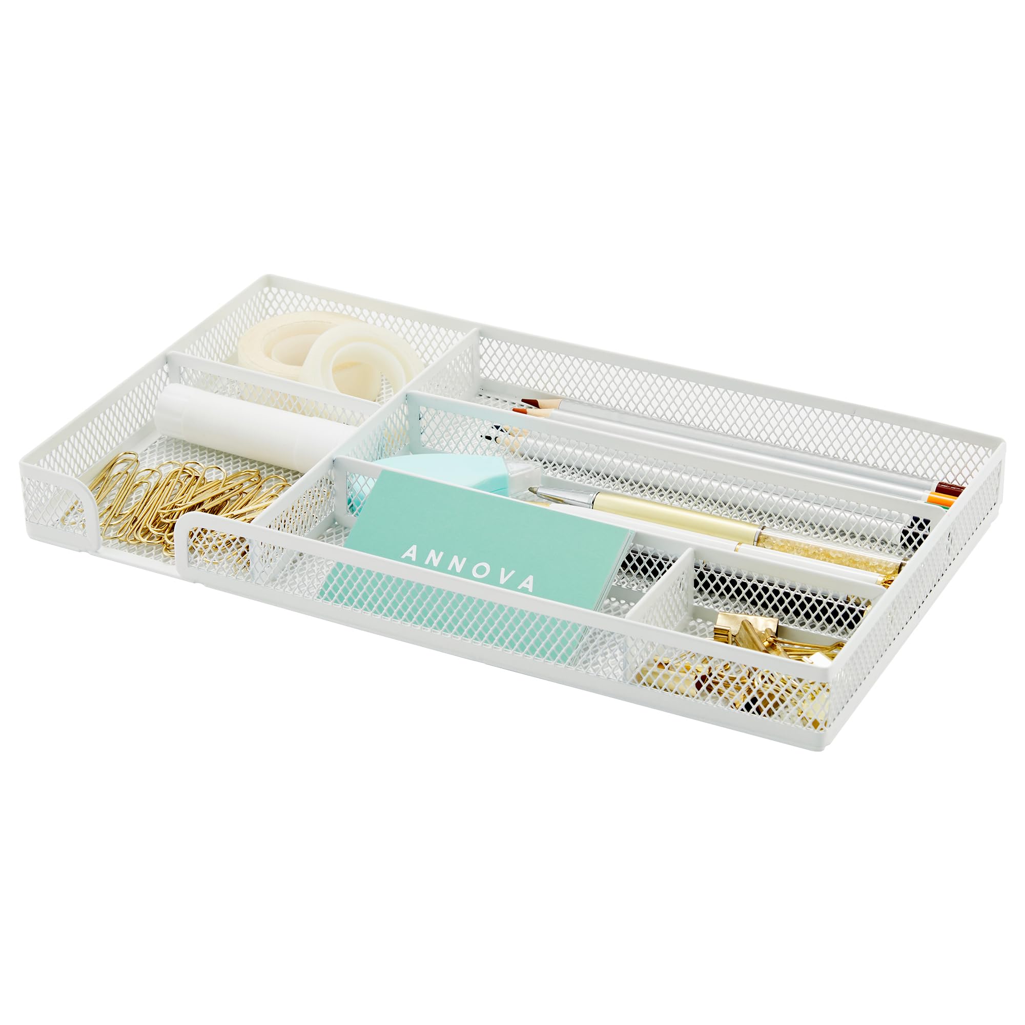 Annova Desk Drawer Organizer Tray for Office Organization - Metal Mesh - Storage Tray with Dividers for Pens, Desktop Accessories, Bathroom, Kitchen, Makeup and Office Supplies (White)