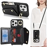 Lipvina for iPhone 16 Pro Max Case with Card Holder and Strap - Zipper Pocket,Crossbody Lanyard Strap,Credit Card Holder,Stand Ring,Cute Phone Wallet Case for Women(Black,6.9 Inch)