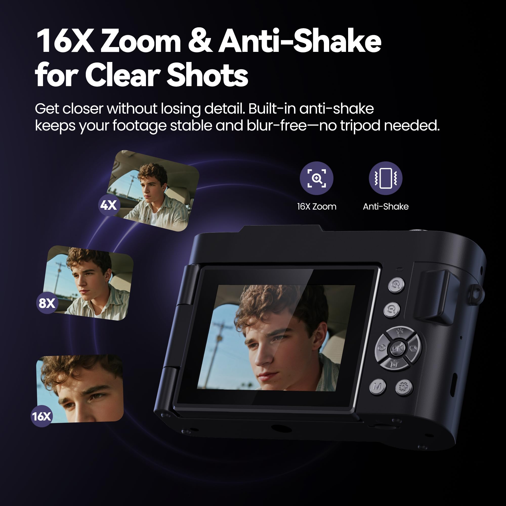 Digital Camera 4K for Photography Vlogging: 50MP Cameras for Video - 16X Zoom Photo Camera Gifts for Teens Ages 8-16 - 180°Flip Screen Compact Cámara - Point and Shoot Digital Cameras for YouTube