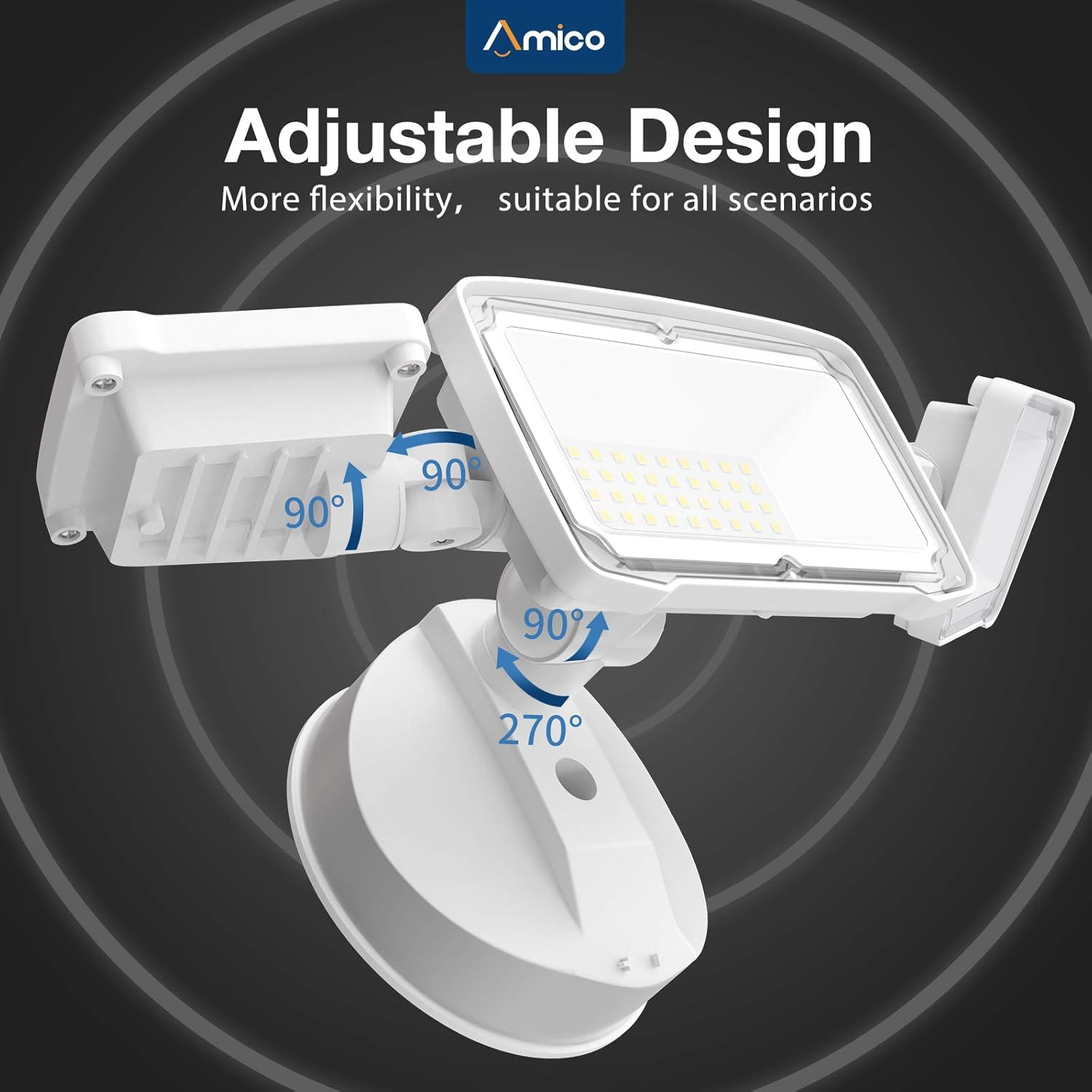 Amico 3500LM LED Security Light, 30W Super Bright Outdoor Flood Light, ETL- Certified, 5000K, IP65 Waterproof, 3 Adjustable Heads for Garage, Patio, Garden, Porch&Stair(White Light): Home Improvement