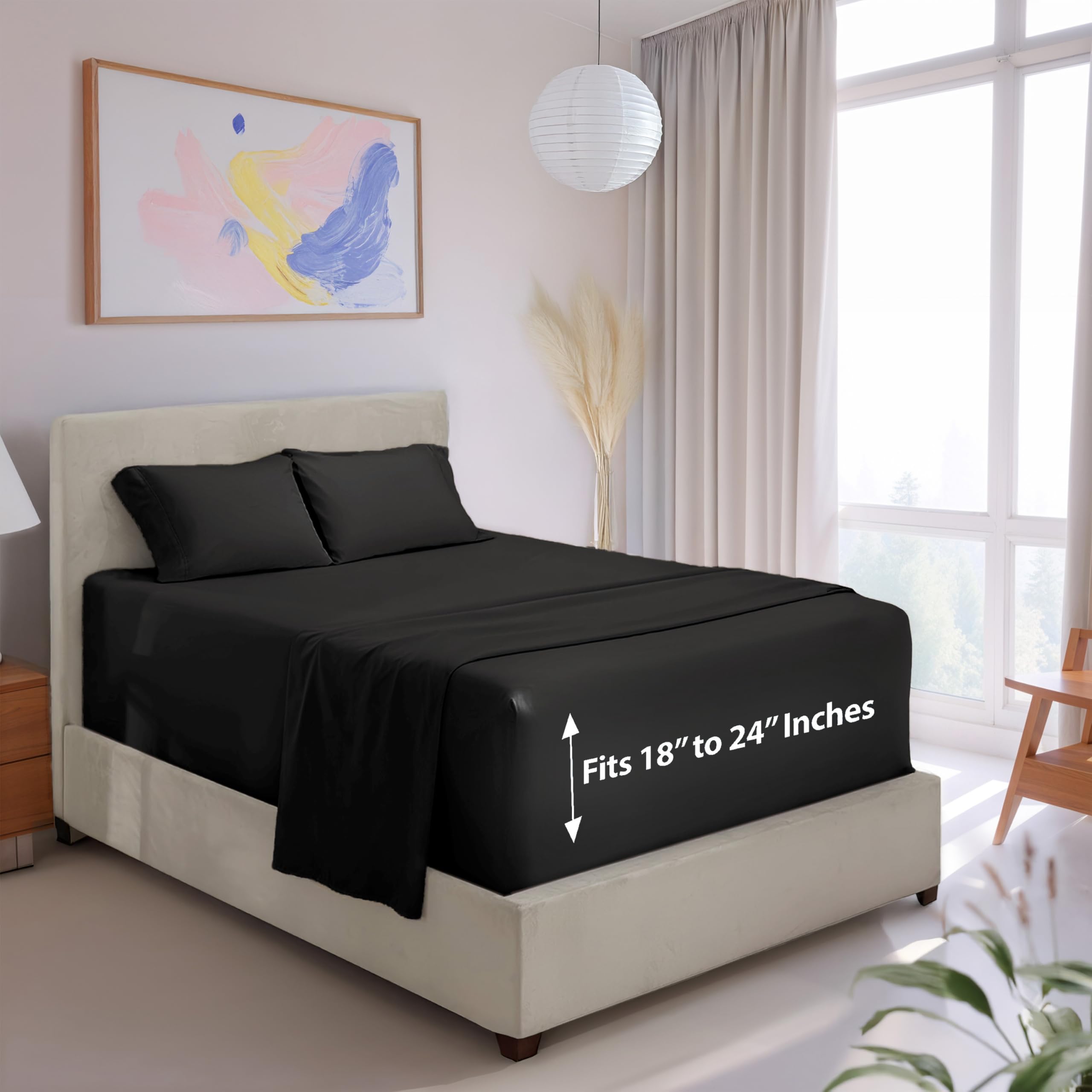 Hearth & Harbor Extra Deep Pocket California King Sheet Set - 4 Piece Ultra Soft & Breathable Bed Sheets Set - Fits Up to 24" Mattress - Hotel Luxury Bed Sheet Set, Black
