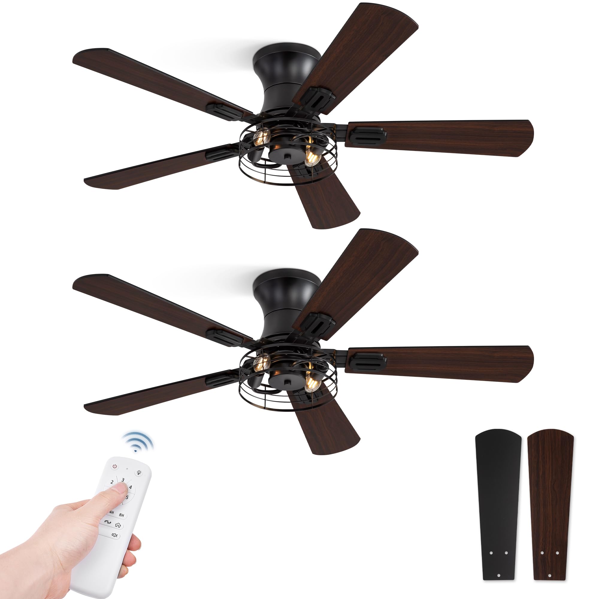 Photo 1 of 2 Pack Flush Mount 42 Inch Farmhouse Ceiling Fan with Light, Caged Ceiling Fans for Bedroom Living Room, Double-Sided 5 Blades Rustic Ceiling Fan-Black