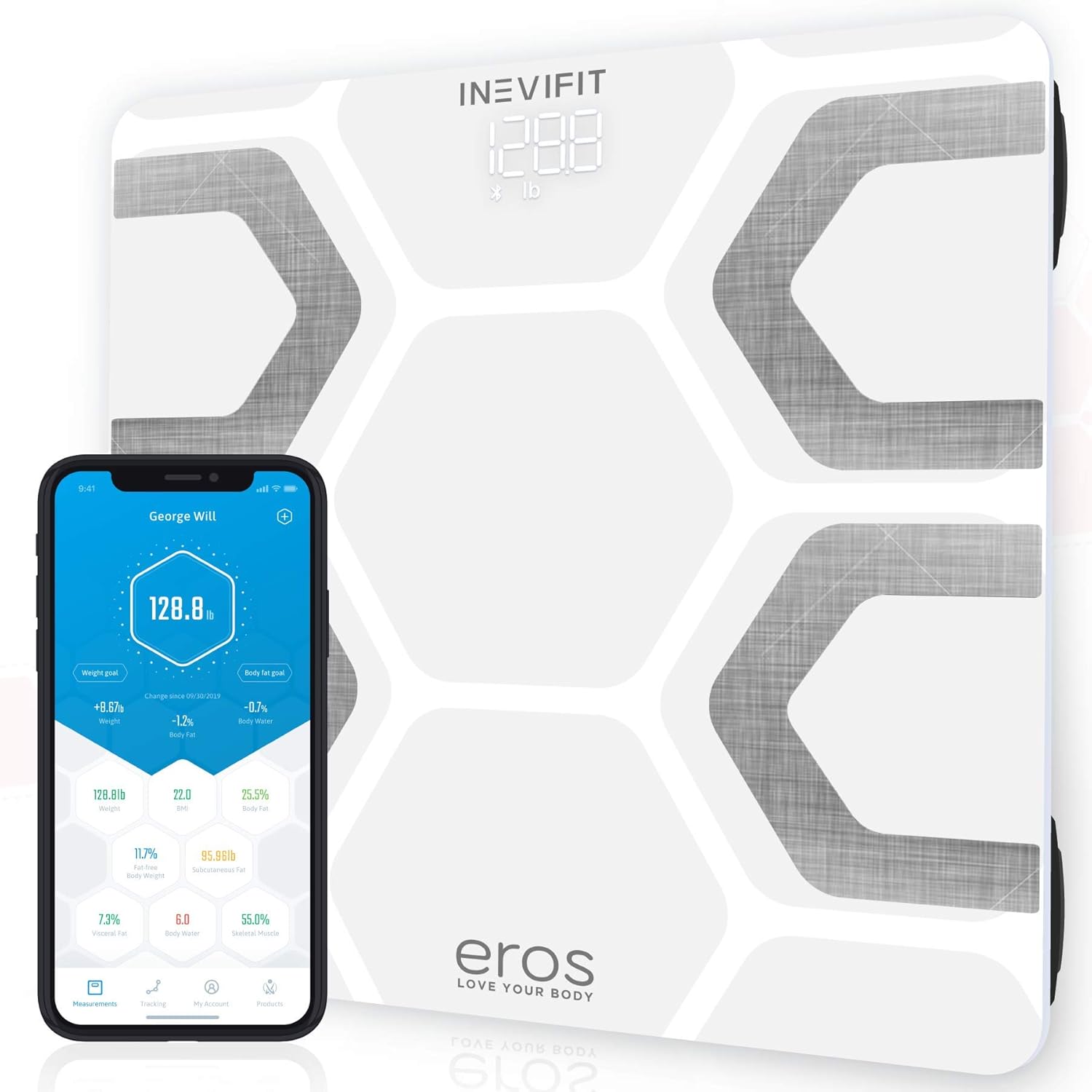 INEVIFIT EROS Bluetooth Body Fat Scale Smart BMI Highly Accurate Digital Bathroom Body Composition Analyzer with Wireless Smartphone APP 400 lbs 11.8 x 11.8 inch (White): Sports & Outdoors