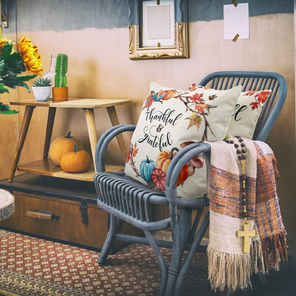 CDWERD Fall Throw Pillow Covers 18x18 Inches Pumpkin Thanksgiving Farmhouse Decorative Autumn Pillowcase Cotton Linen Cushion Case for Home Decor Set of 4: Home & Kitchen