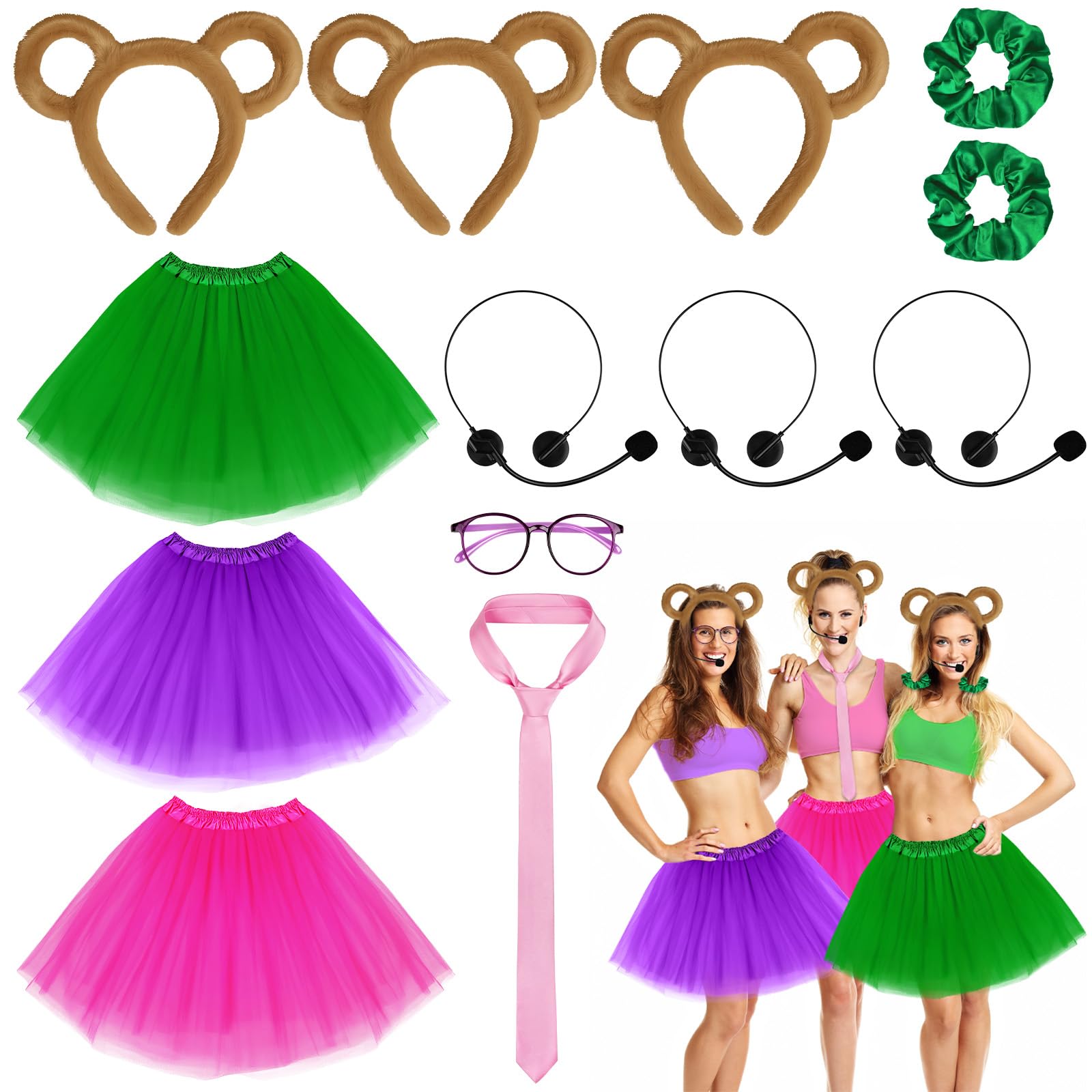 Photo 1 of 13 Pcs Halloween Animal Costumes Set Chipmunk Ears Headband Mouse Ears Tutu Skirts Fake Rock Star MJ Singer Microphone Hair Bands Round Frame Glasses Tie Halloween Animal Cosplay Costume for Women