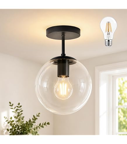 Mid-Century Semi Flush Mount Ceiling Light – Black Finish With 7.09" White Glass Globe Shade, E26 Base, A15 Bulb Recommended, Ideal For Hallway, Kitchen, Bathroom, Walk-in Closet