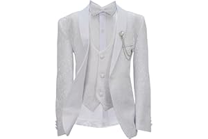 SIRRI Boy’s Patterned Communion Tuxedo White Suit Slim Fit 5 Piece Complete Occasion Outfit Set Harput
