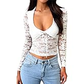 Falechay Sexy Tops for Women Spring Break Outfit Women y2k Clothes Lace Top Womens Blouses Going Out Outfits Trendy Sexy Ladies Cute Clothing Bow Low Cut Shirts Woman Club Tshirts Trending White XL